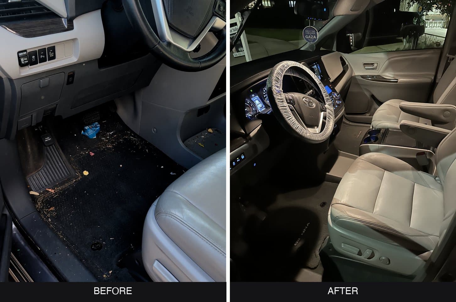Before and after interior detailing on a Toyota Sienna in Richmond TX, Fresh Path Mobile Detailing