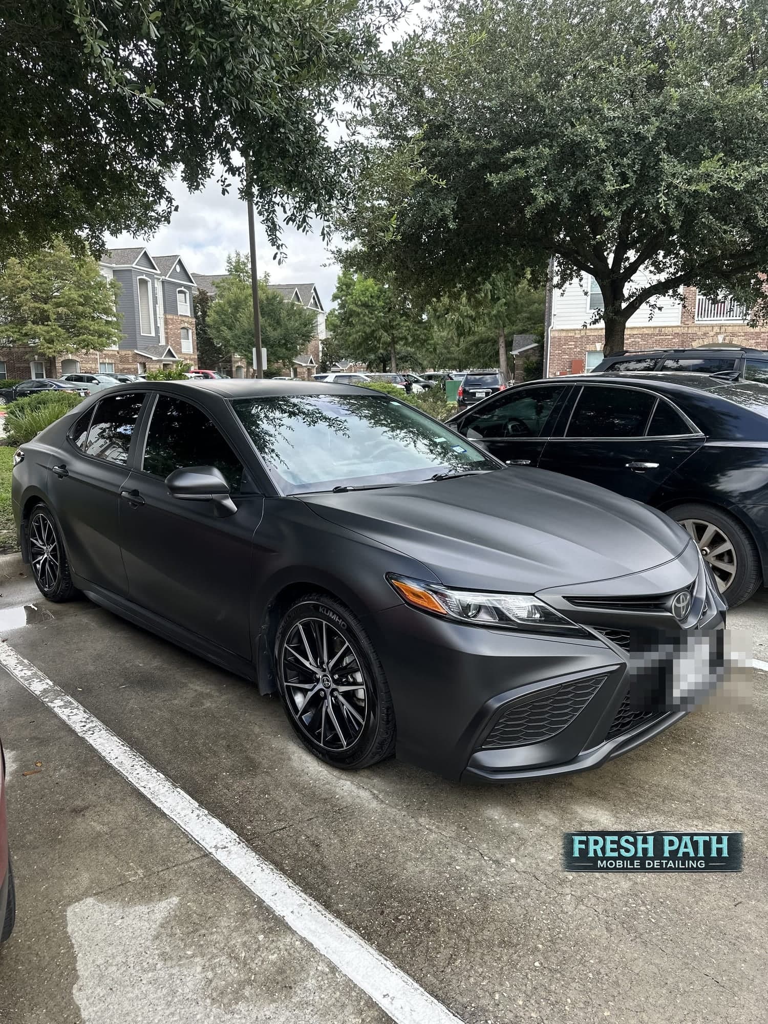 Exterior detailing on a Matte black Toyota Camry in Houston TX | Fresh Path Mobile Detailing